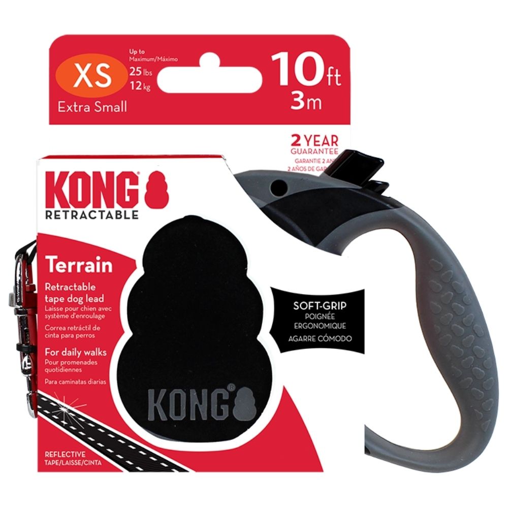 KONG - izvelkama pavada Terrain, lente, izmērs: XS, Krāsa: Melna, 3 m