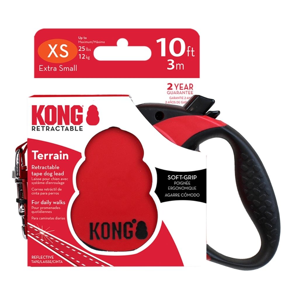 KONG - izvelkama pavada Terrain, lente, izmērs: XS, Krāsa: Sarkana, 3 m