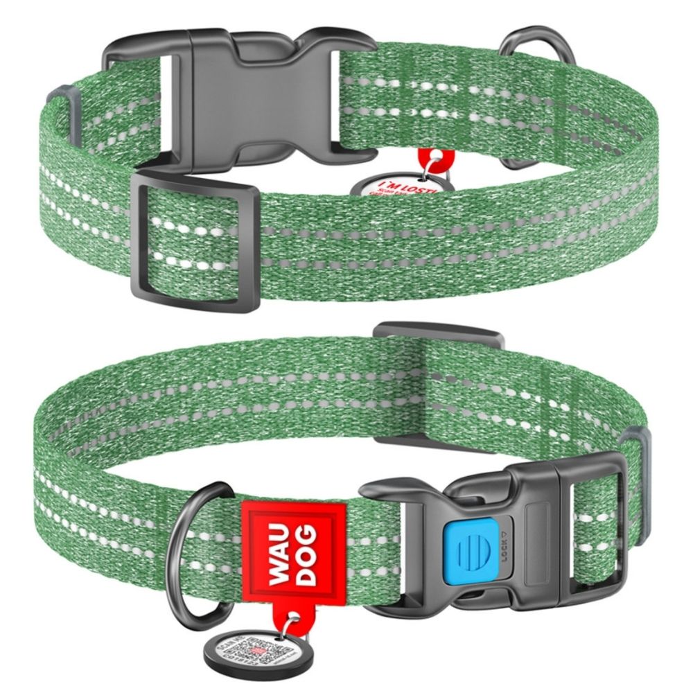 WAUDOG Kakla siksna suņiem ar QR pasi, M, W 20mm, L 28-40 cm, Zaļa