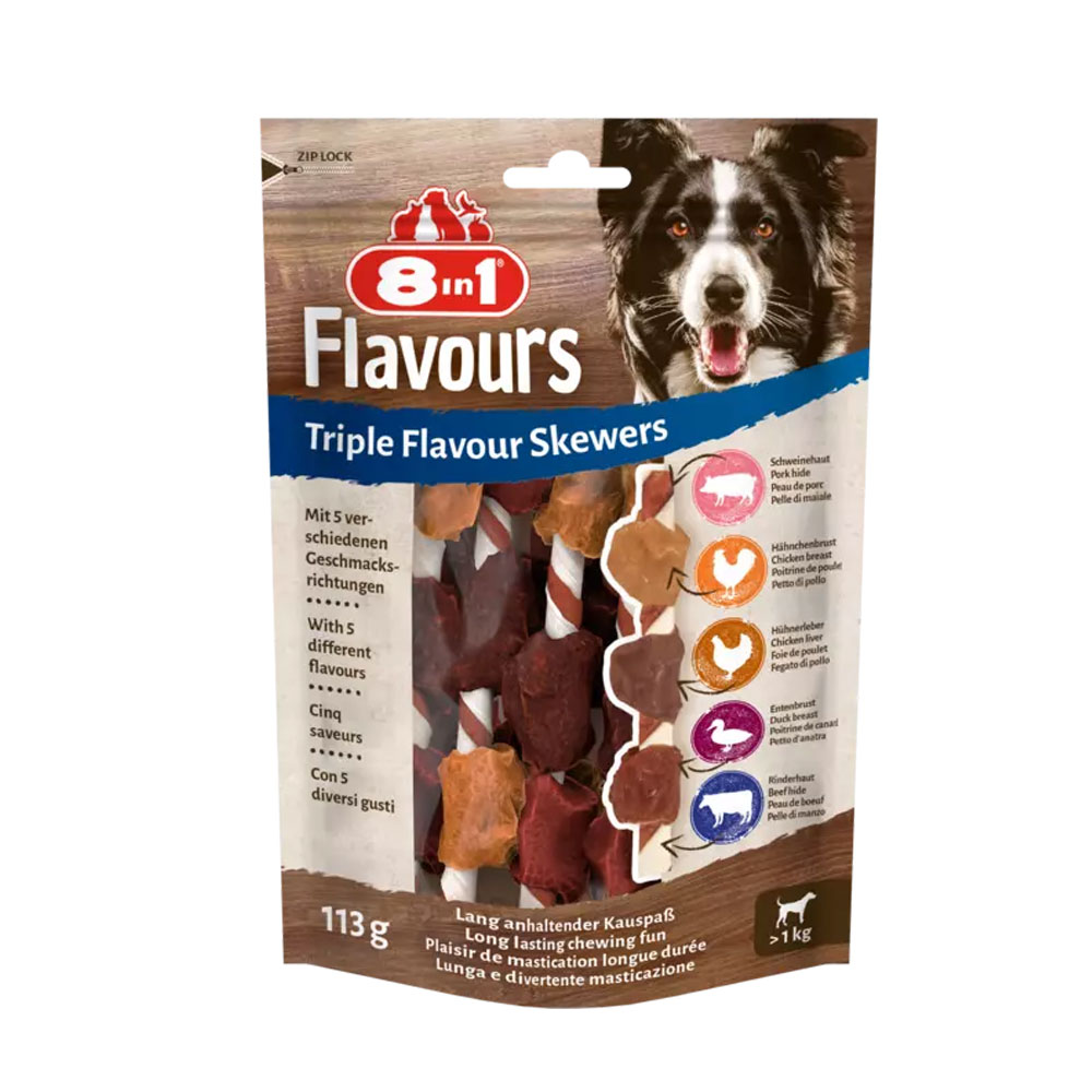 8in1 kārums suņiem - iesms ar vistas/pīles fileju un aknām "Triple Flavour Skewers" 113 g N6